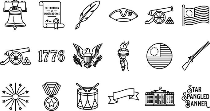 Independence Day and 1776 Americana Line Art Icon Set.