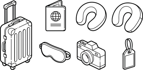 Isometric line art angled view travel accessories set with rolling suitcase passport camera sleep mask neck pillow luggage tag packing concept minimalist monochrome flat