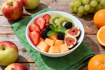 Fruit salad in bowl with assorted fruits