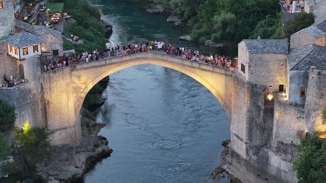 Evening crossing of Stari Most bridge