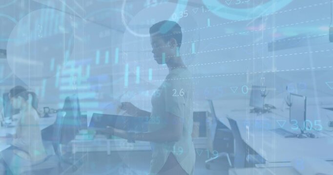 Animation of financial data and graphs over afrcan american woman in office