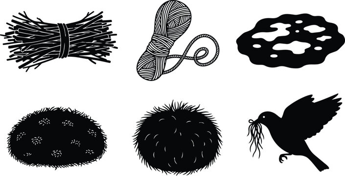 Flat vector silhouette set of bird nests twigs yarn moss and nesting materials with flying bird carrying fibers isolated black and white farmhouse illustration closeup top view