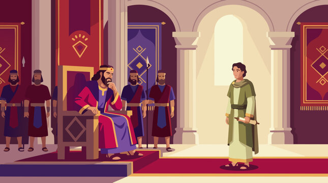 Daniel stands before King Darius in a royal hall made of flat columns and arches. The king&rsquo;s posture shows conflict&mdash;head tilted, hand on chin&mdash;while officials stand rigidly behind him. Bible story