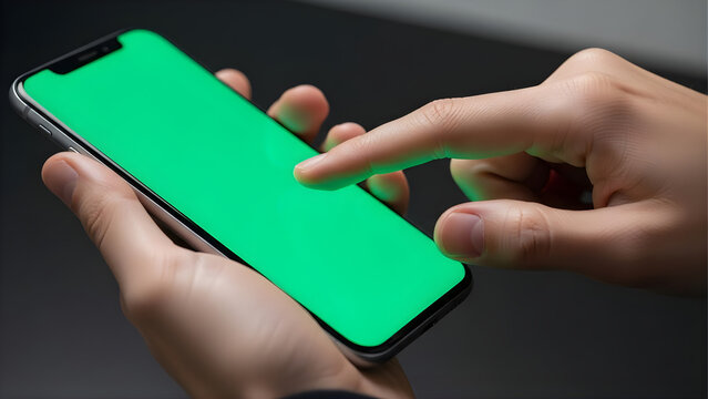 Close-up of hands holding smartphone on green screen, fingers interacting with screen, soft lighting, no face, tech demo style 