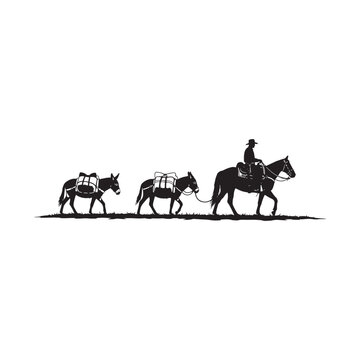 Cowboy riding horse leading two pack mules