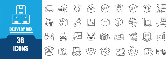 Fototapeta premium Packaging and Delivery Web Icon Set in Line Style. Contains icon related to Including shipping, parcel, delivery, global,signs, and more. Editable stroke.