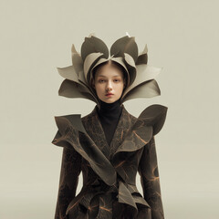 Avant garde fashion portrait with sculptural floral costume and headpiece