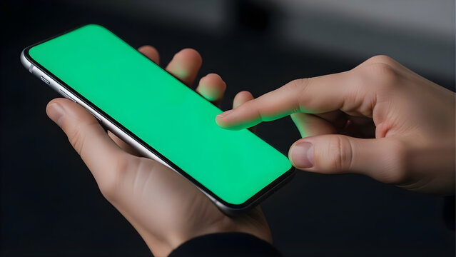 Close-up of hands holding smartphone on green screen, fingers interacting with screen, soft lighting, no face, tech demo style 