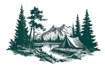 Camping Scene with Tent, Lake, and Mountains