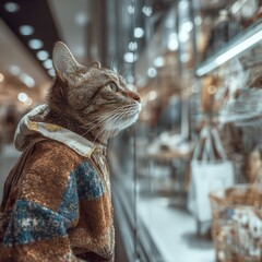 Cat in Sweater Gazing into Shop Window