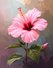 A pink hibiscus flower with green leaves on a multicolored background