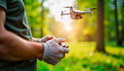 Man operating a drone outdoors in a sunny forest setting  