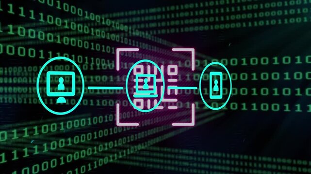 Animation of data processing with icons and qr code over binary coding