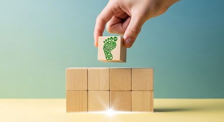 Hand places a wooden block with a green footprint composed of eco-icons on top of a stack, representing environmental footprint and sustainability.
