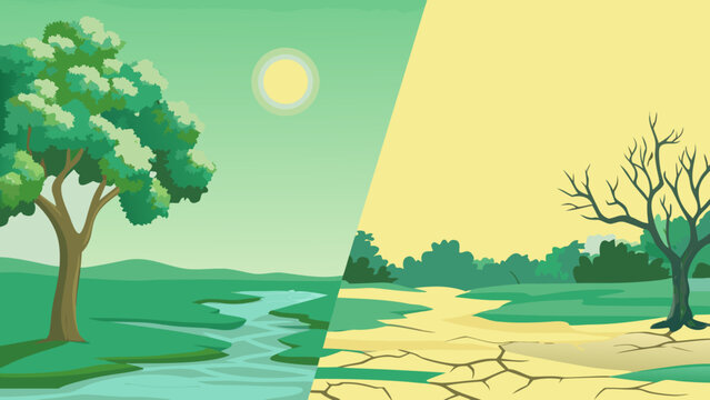 A striking visual contrast Lush greenery versus a barren drought stricken landscape