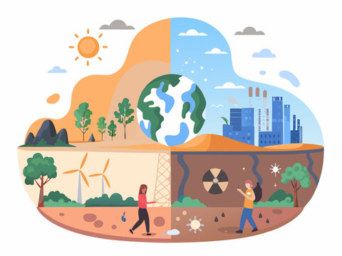 A divided world depicting environmental challenges and sustainable solutions