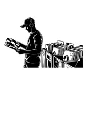 Vinyl Record Collector Silhouette, Person Browsing LPs in Music Store or Home Archive, Retro Music Hobby and Analog Audio Culture Vector