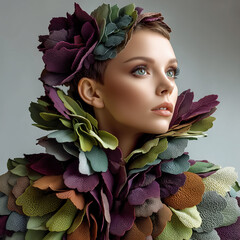 Fashion beauty portrait with floral collar and artistic dramatic makeup look