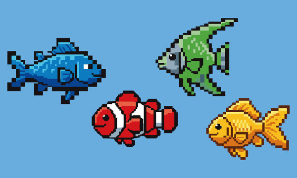 Pixel Art Fish Collection : A creative set of pixel art fish characters and colorful variations. Perfect for 8-bit retro game design