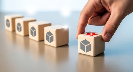 Hand selecting a wooden block with a star and box icon, symbolizing choice, success, and achievement.