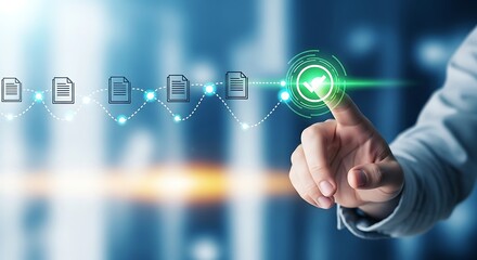 Hand pressing a glowing green checkmark icon on a digital interface connected by a dotted line to document icons, representing successful task completion or validation.