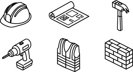 Isometric line art construction icon set close up hard hat blueprint hammer drill safety vest brick wall isolated on white background clean minimal vector technical