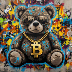 Fototapeta premium The bear is painted on a wall covered with many other graffiti and paint splatters.