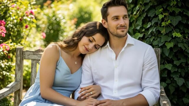 Couple sharing a tender moment in a garden