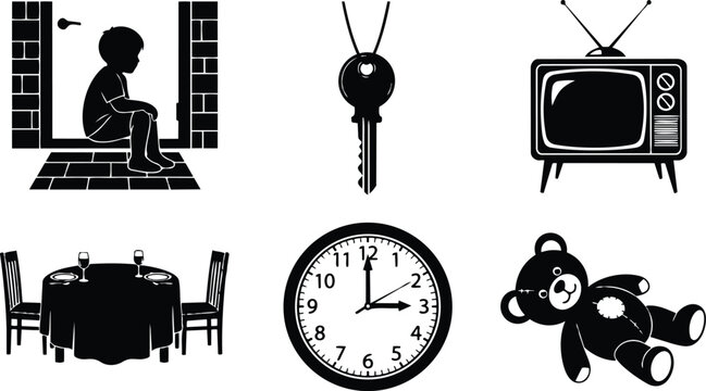 Flat design icon set child sitting at doorway looking away house key vintage television dining paired chairs clock and teddy bear silhouette vector