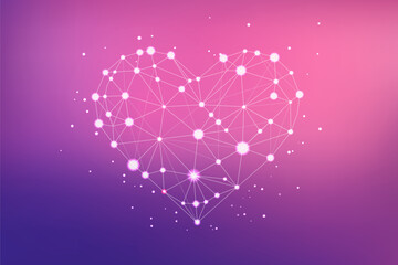 Obraz premium Abstract glowing heart made of connected lines and nodes on a pink and purple gradient background. Futuristic digital love concept representing connection, romance, technology and Valentine’s Day.