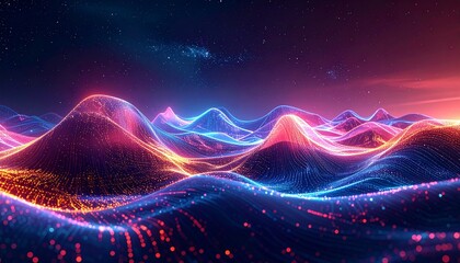 Glowing blue-orange waveforms with data particles flowing through cosmic dark background