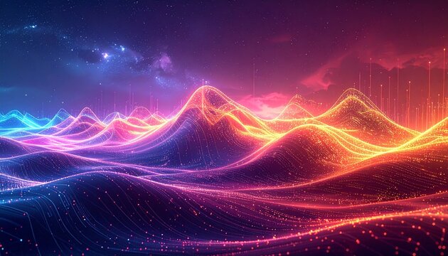 Glowing blue-orange waveforms with data particles flowing through cosmic dark background - Powered by Adobe