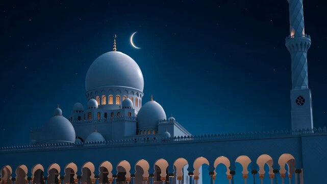Majestic Islamic Mosque with Crescent Moon and Starry Night Sky  Celebrating Eid al-Fitr and Eid al-Adha with Architectural Beauty and Spiritual Significance