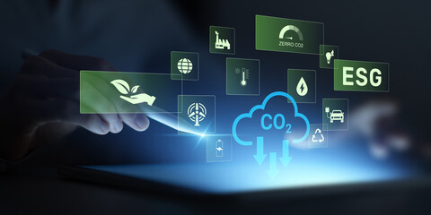 ESG sustainability system with CO2 reduction monitoring and green technology dashboard.
