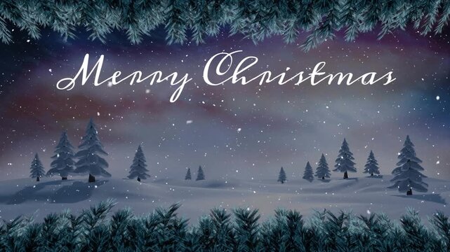 Animation of merry christmas text with snow falling on landscape and pine trees at night