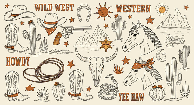 Wild West Clipart Set &ndash; Vintage Western Icons, Cowboy Gear & Desert Graphics