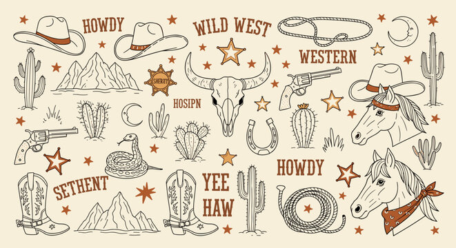 Wild West Clipart Set &ndash; Vintage Western Icons, Cowboy Gear & Desert Graphics