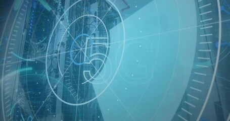 Animation of scope scanning with 5g text and data processing over caucasian woman in server room - Powered by Adobe