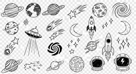 Hand Drawn Space Doodle Icons – Planets Rockets Stars Seamless Background © NajmulHussain
