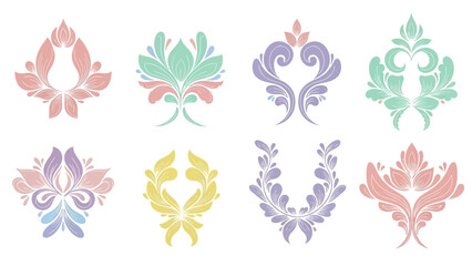 Collection of Ornate Floral Damask Ornaments in Pastel Gradient Colors.