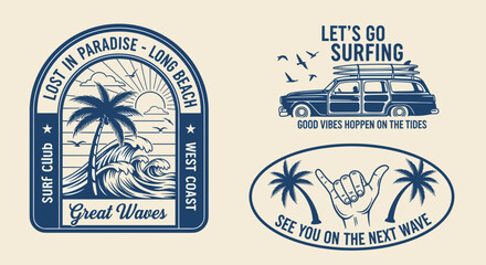 Vintage Surf Badge Bundle – Retro Beach Car & Ocean Emblem Clipart Set
