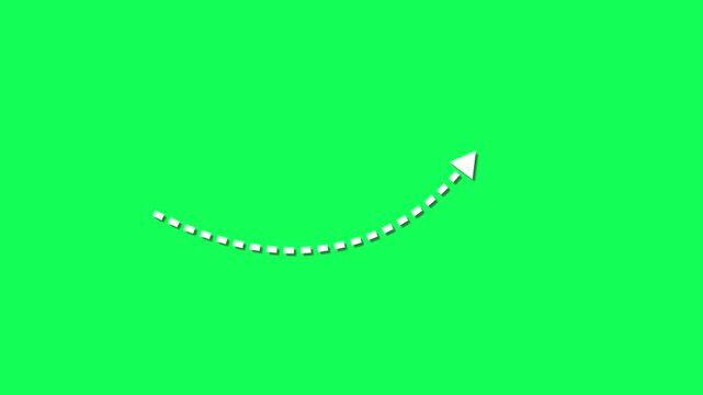 Curved dashed arrow moving upward on a bright green chroma key background, representing growth, progress, positive trend, business success, and forward direction. Ideal for green screen keying,