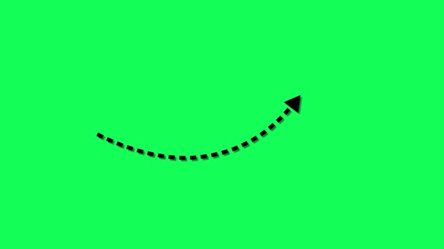 Curved dashed arrow moving upward on a bright green chroma key background, representing growth, progress, positive trend, business success, and forward direction. Ideal for green screen keying,