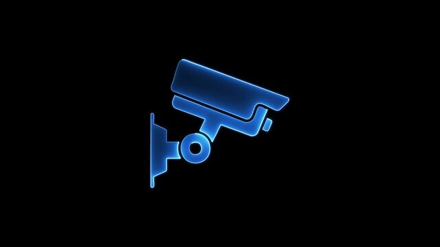 Neon blue CCTV security camera icon glowing on a black background, symbolizing surveillance, safety, and modern security technology.