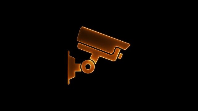 Neon blue CCTV security camera icon glowing on a black background, symbolizing surveillance, safety, and modern security technology.