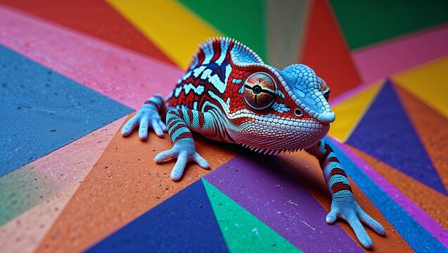 colorful chameleon on geometric pattern background, adaptability concept