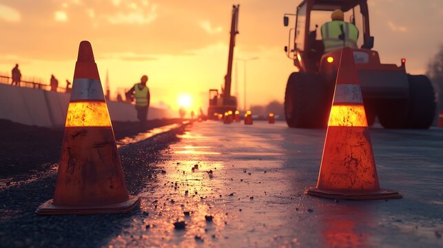 Road construction cones on wet surface during sunset work zone
