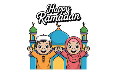 Fototapeta premium A cheerful illustration depicts two smiling children celebrating happy Ramadan in front of a mosque with crescent moons high-quality professional detailed modern.