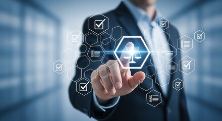 Hand interacting with a futuristic interface displaying scales of justice and verification icons, representing digital legal services and online law.