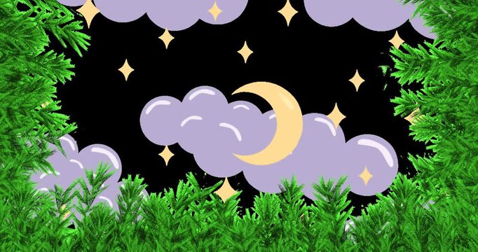 Animation of fir tree frame at christmas over clouds